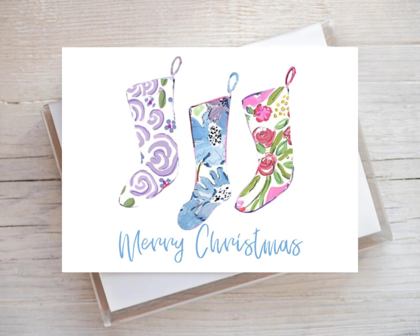 Preppy Watercolor Merry Christmas Stockings Floral Flowers Pink Gift Notecard Note Card Custom Stationery Stationary Folded Notecard Set