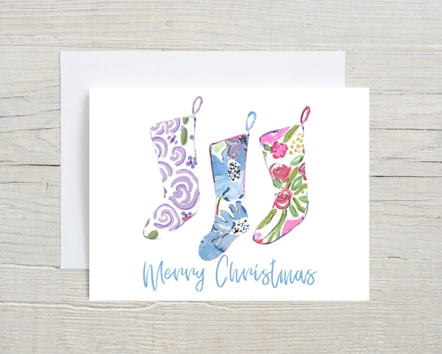 Preppy Watercolor Merry Christmas Stockings Floral Flowers Pink Gift Notecard Note Card Custom Stationery Stationary Folded Notecard Set