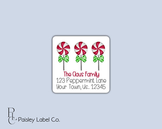 Personalized Christmas Lollipop Sucker Holiday Return Address Labels Square Mailing Stickers  Multiple Sizes