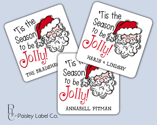 Personalized 'Tis The Season to be Jolly Christmas Square Santa Tag Stickers Party Favor Holiday Treat Bag Gift Tag Label Stickers 2 sizes