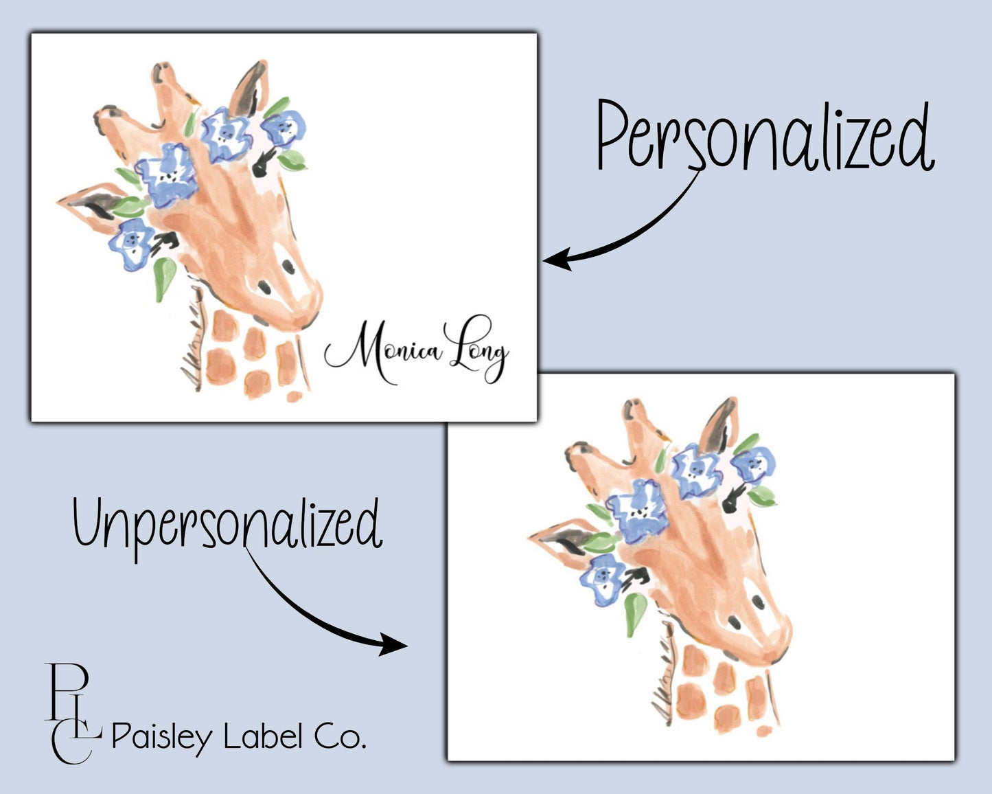 Watercolor Giraffe Flower Giraffe Animal Print  Notecard Note Card Personalized Custom Stationery Stationary Folded Notecards Set of 12
