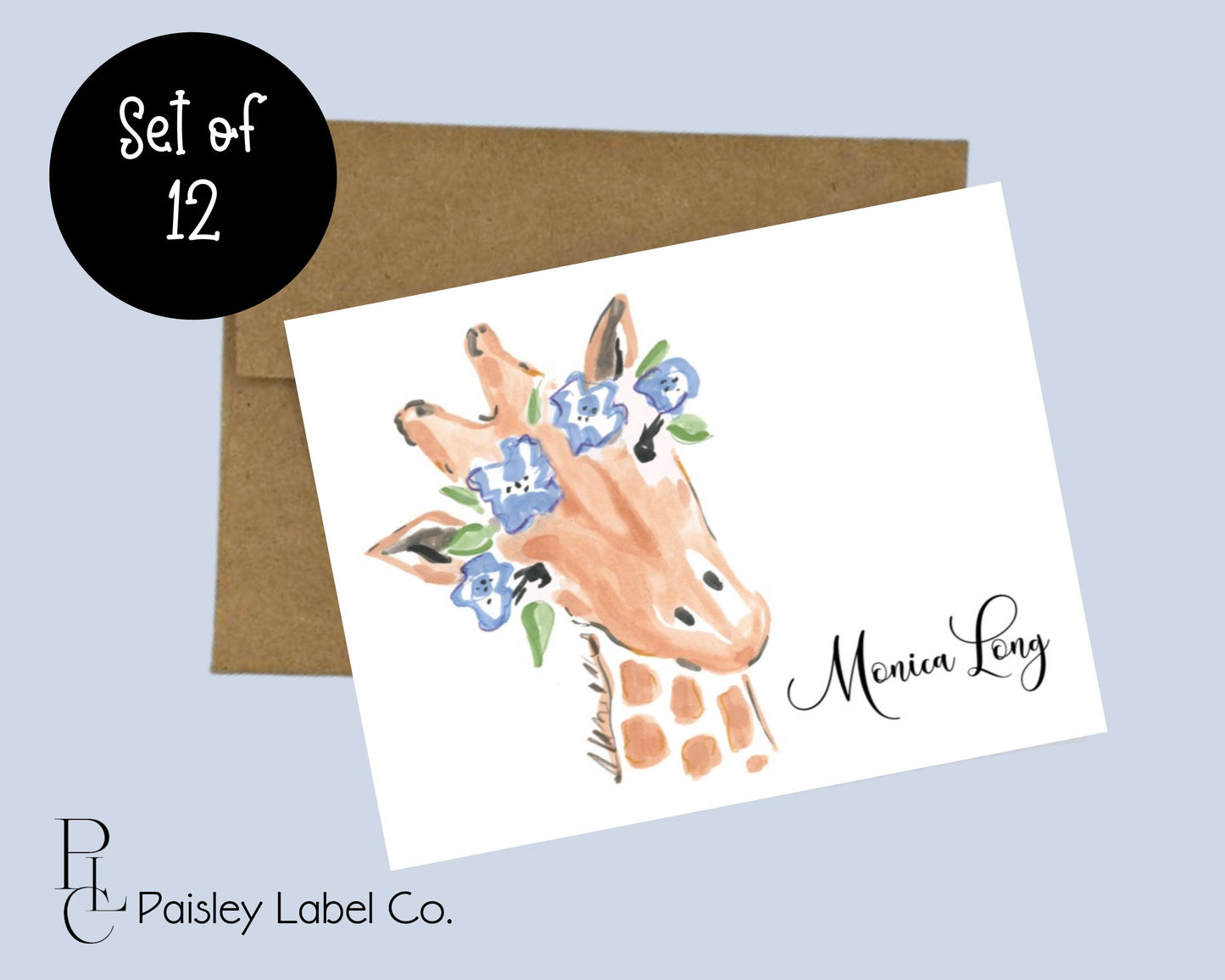 Watercolor Giraffe Flower Giraffe Animal Print  Notecard Note Card Personalized Custom Stationery Stationary Folded Notecards Set of 12