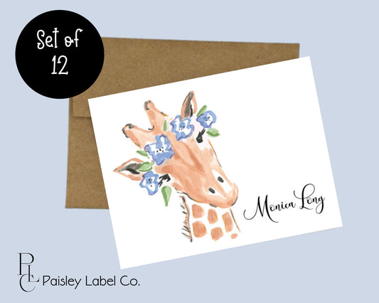 Watercolor Giraffe Flower Giraffe Animal Print  Notecard Note Card Personalized Custom Stationery Stationary Folded Notecards Set of 12