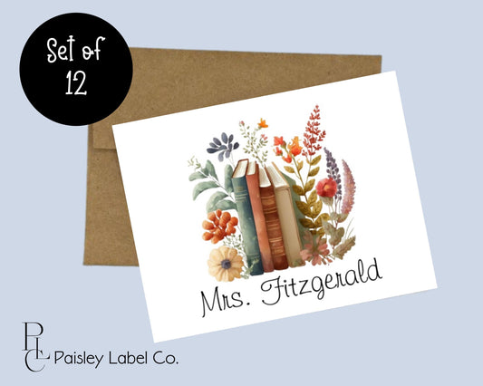 Botanical Floral Flowers Teacher Books Bookish Stack Library Notecard Note Card Personalized Custom Stationery Stationary Notecard Set