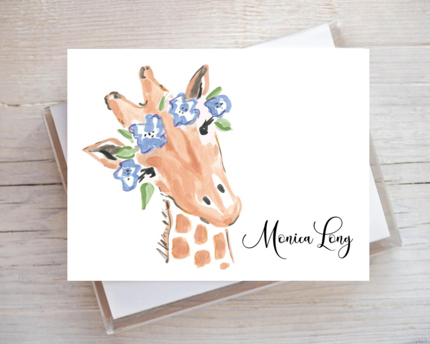 Watercolor Giraffe Flower Giraffe Animal Print  Notecard Note Card Personalized Custom Stationery Stationary Folded Notecards Set of 12