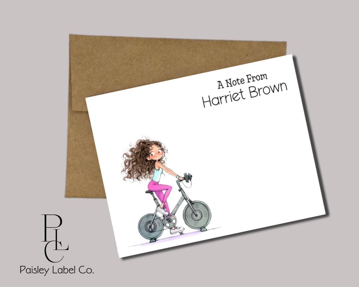 Workout Exercise Fitness Funny Hilarious Quirky Girl Lady Woman Yoga Folded Notecard Note Card Personalized Stationery Stationary Notecard