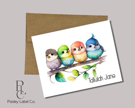 Chickadee Chick Chic Bird Birds in a line Watercolor Whimsical Set of 12 Gift Notecard Note Card Stationery Stationary Folded Note Card Set
