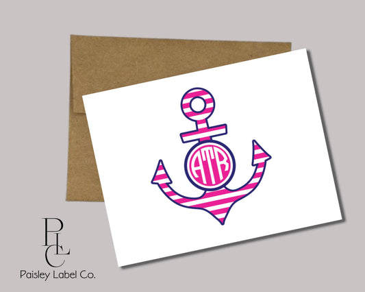Anchor Anchors Aweigh Nautical Preppy Personalized Gift Notecard Note Card Stationery Stationary Folded Blank Inside Cards Set of 12