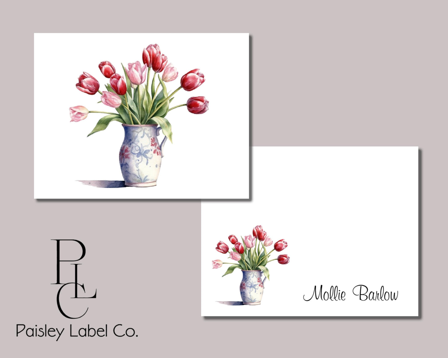 Watercolor Tulips Pitcher Farmhouse Floral Spring Flower Personalized Gift for her Notecard Note Card Stationery Stationary Folded Cards