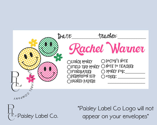 Groovy Checker Board Smiley Face Retro Flowers Green Back To School Money Envelopes School Student Kids Envelopes Lunch Money Organization