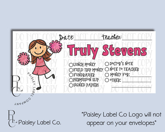 Stick Figure Cheerleader Hot Pink Pom Poms Sports Back To School Money Envelopes School Student Kids Envelopes Lunch Money Organization