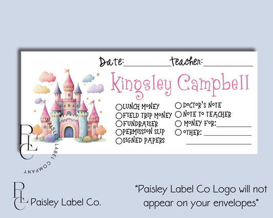 Colorful Princess Castle Clouds Rainbow Pink Girls Back To School Money Envelopes School Student Kids Envelopes Lunch Money Organization