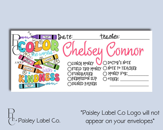 Color Crayons Bright Rainbow Color the World With Kindness Notes Back To School Money Envelopes School Student Kids Envelopes Lunch Money