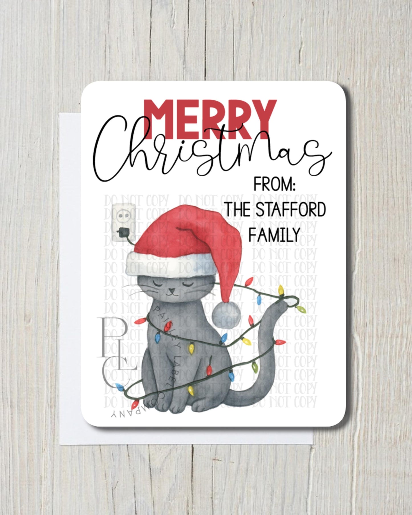 Santa Kitty Cat Christmas Lights in a Tangle Merry Christmas Cat Lover Note Card Gift Notecard Stationery Stationary Folded With Envelopes