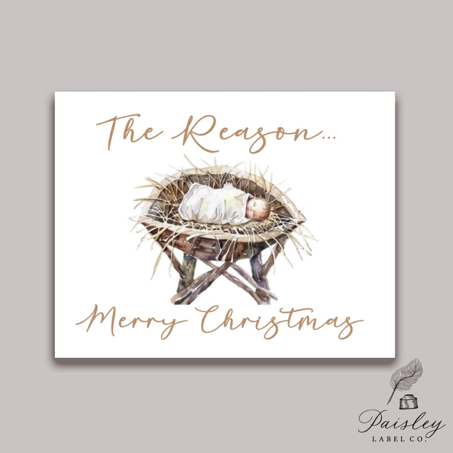 Merry Christmas The Reason Baby Jesus in a Manger Watercolor Religious Notecard Note Card Stationery Stationary Folded Notecards Set