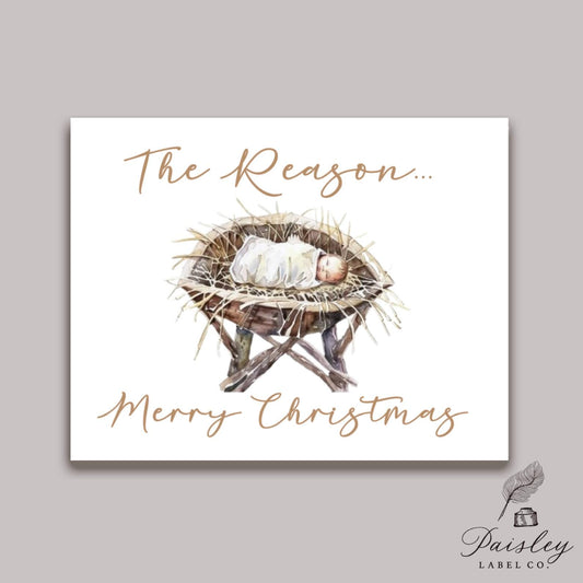 Merry Christmas The Reason Baby Jesus in a Manger Watercolor Religious Notecard Note Card Stationery Stationary Folded Notecards Set