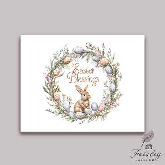 Watercolor Easter Egg Wreath Rabbit Bunny Easter Blessings Spring Notecard Note Card Stationery Stationary Folded Blank Inside Set of 12