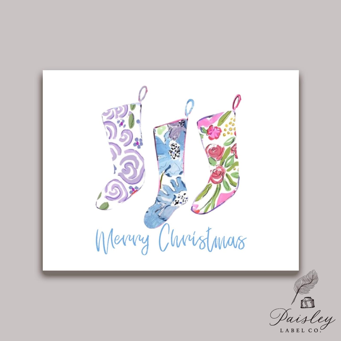 Preppy Watercolor Merry Christmas Stockings Floral Flowers Pink Gift Notecard Note Card Custom Stationery Stationary Folded Notecard Set