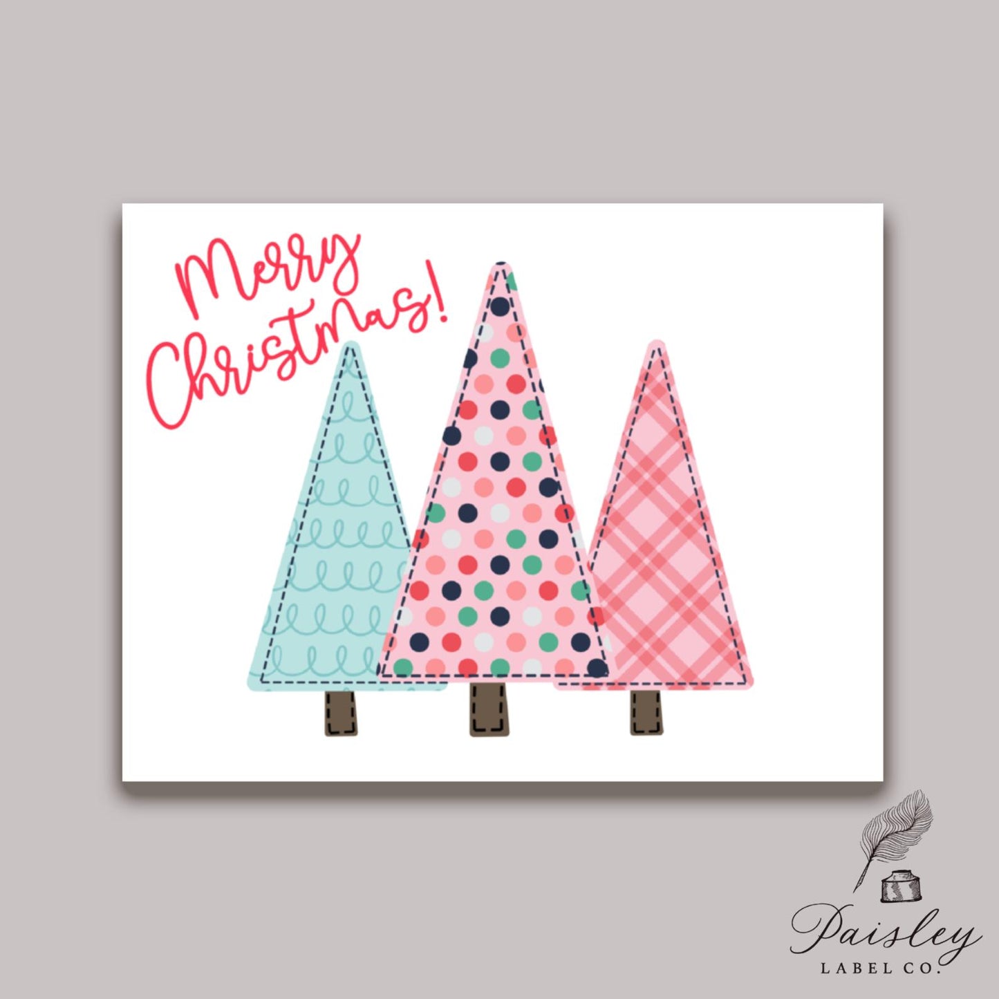 Preppy Pink Christmas Trees Tree Polka Dot Plaid Checkered Merry Christmas Personalized Folded  Notecard Note Card Stationery Stationary Set
