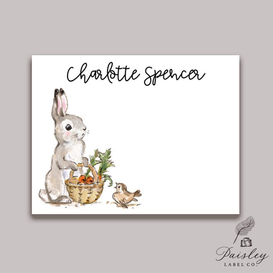 Watercolor Vintage Bunny Rabbit Easter Chick Baby Nursery Thank You Personalized Notecard Note Card Stationery Stationary Folded Card Set
