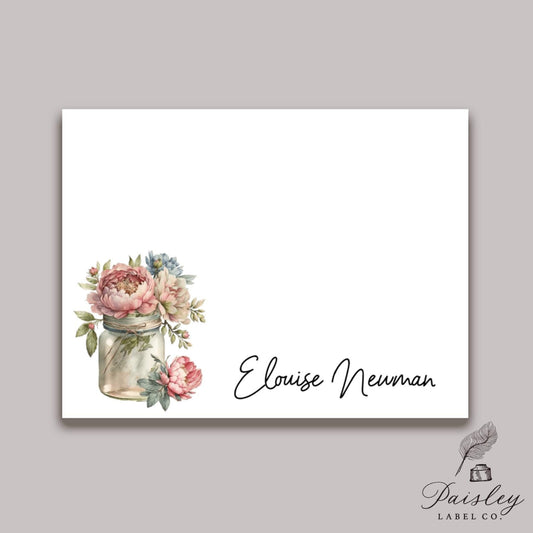 Vintage Peony Peonies in Jar  Floral Flower Bouquet Personalized Gift for her Notecard Note Card Stationery Stationary Folded Card Set of 12