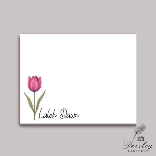 Single Pink Tulip Custom Floral Flower Boho Style Name Note Card Gift Notecard Stationery Stationary Folded Set of 12 With Envelopes