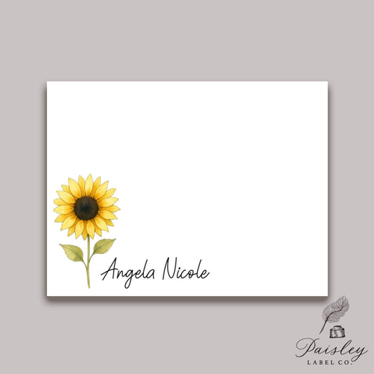Single Sunflower Sun Flower Floral Flower Boho Style Name Note Card Gift Notecard Stationery Stationary Folded Set of 12 With Envelopes