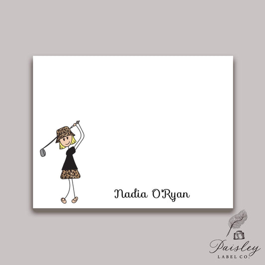 Custom Lady Girl Woman Golfer Stick Figure Personalized Gift Leopard Argyle  Notecard Note Card Stationery Stationary Folded Notecards Set