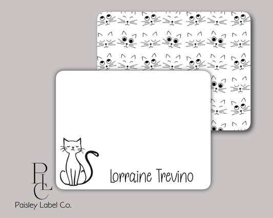 Cat Lover Doodle Black Line Kitty Kitten Face Faces Feline Personalized Note Card Notecard Stationery Stationary Flat Card Gift Set of 12