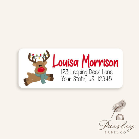 Whimsical Christmas Reindeer Deer Winter Holiday Return Address Labels Sheet of 30