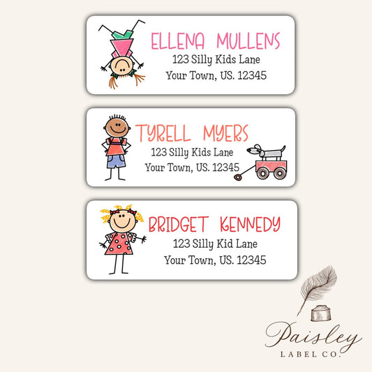 Stick Figure Kids Cartoon Boys Girl Cute School Kids Child Birthday Return Address Labels Mailing Stickers Sheet of 30 Multiple Designs