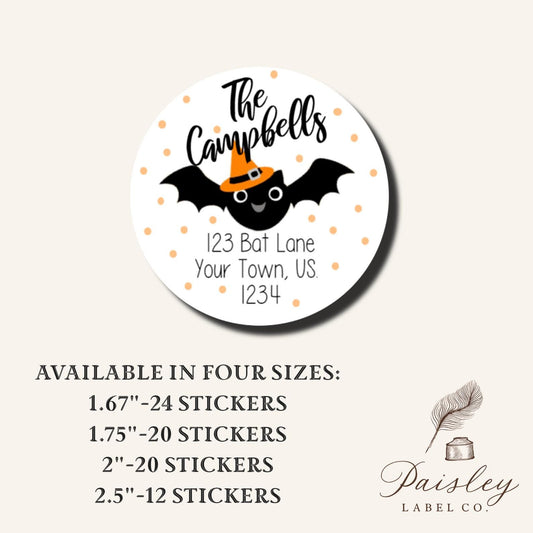 Goofy Halloween Bat Wearing Witches Hat Polka Dots Personalized Round Return Address Mailing Labels Multiple Sizes