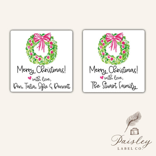 Merry Christmas Preppy Pink Wreath Gift Tag Gift Giving Grandmillennial Custom Label Tag Square Sticker To From Gift Giving Multiple Sizes
