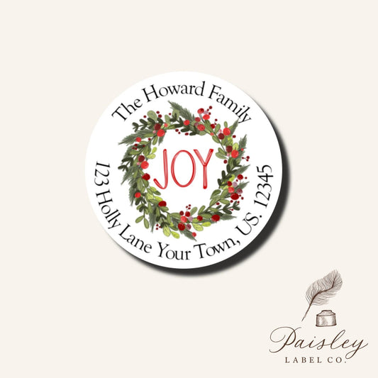 Farmhouse Holly Berry Wreath Watercolor Joy Christmas Holiday Personalized Round Circle Return Address Labels Stickers Multiple Sizes