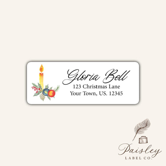 Vintage Christmas Candle Holly Ornament Bulb Arrangement Elegant Holiday Retro Personalized Custom Return Address Labels Mailing Stickers