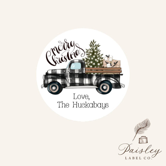 Personalized Merry Christmas Tree Black Plaid Checkered Old Farm Truck Gift Giving Party Labels Stickers