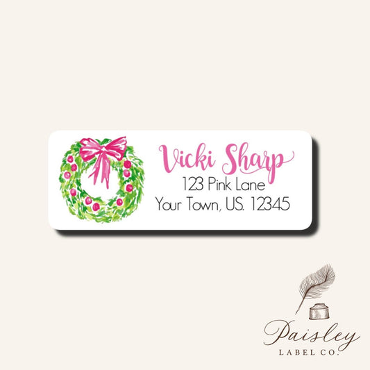 Preppy Pink Christmas Holiday Wreath Personalized Return Address Labels Mailing Labels Stickers Holiday Sheet of 30