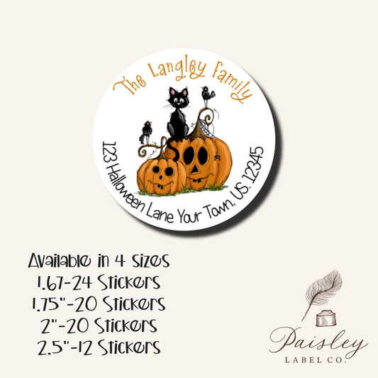 Whimsical Halloween Pumpkin Black Cat Chickadees ChicksSpooky Personalized Round Return Address Labels Mailing Stickers Multiple Sizes