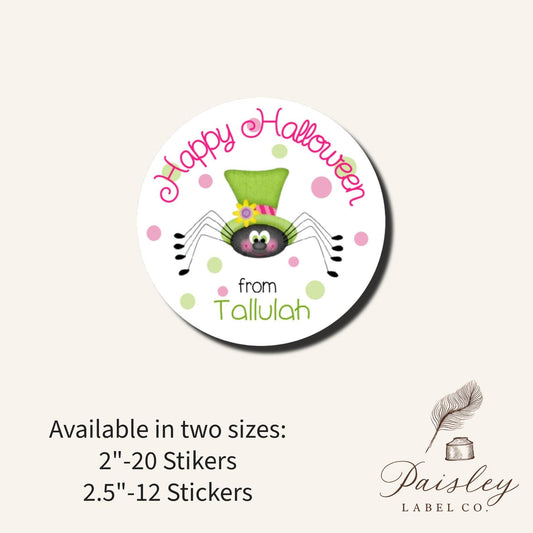 Happy Halloween Labels and Stickers Whimsical Spider With Top Hat Class Party Favors Gift Giving Tag Goodie Bag Tags Round Multiple Sizes
