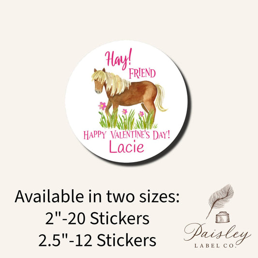 Pink Hay! Friend Happy Valentines Day Horse Pony Equine Heart School Class Teacher Kids Class Party Favors Label Stickers Multiple Sizes