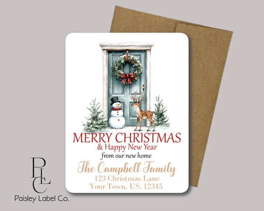 New House Home Holiday Christmas Moving Announcement Change of Address New Address Cards Reindeer Snowman Winter Flat Note Cards Set of 12