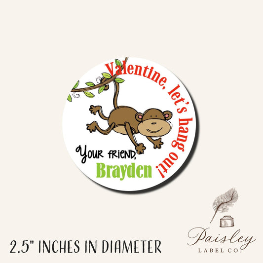 Valentine Let's Hang Out! Monkey Happy Valentine's Day Monkey Hanging from Tree limb Kids Class Party Favors Label Stickers