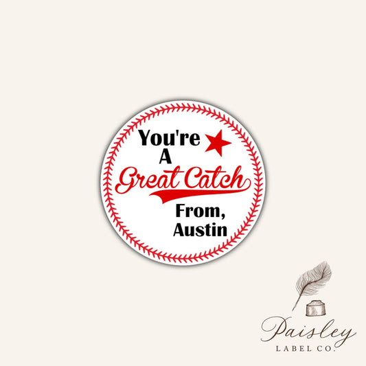 Personalized Valentines You're a Great Catch Baseball Threads Star Gift Tag Round Stickers Party Favor Gift Bags Multiple Sizes