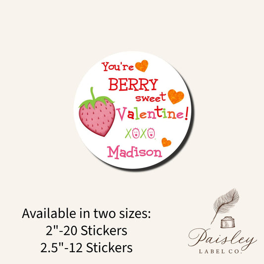 You're BERRY Sweet Strawberry Heart Valentines Day Round Class Teacher Kids Class Party Favors Label Stickers Multiple Sizes