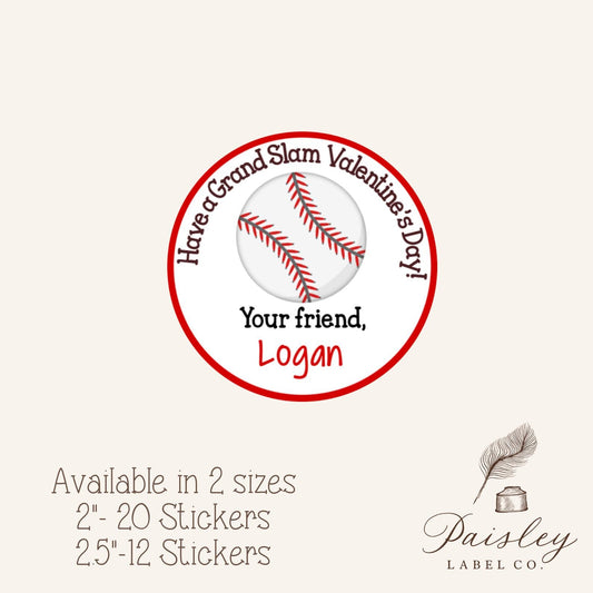 Personalized Valentine's Day Have a GRAND SLAM Valentines Day Baseball Sticker Tag Label To From Gift Giving School Class Party  2 sizes