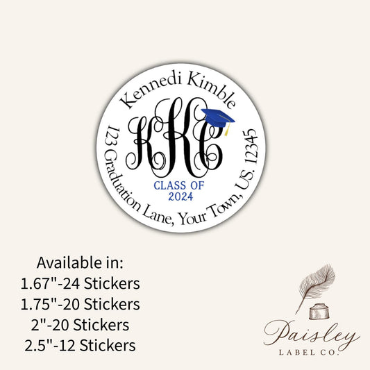 Monogram Class of 2024 Graduation High School Colors Collage Cap Graduation Announcement Personalized  Round Return Address Labels Stickers