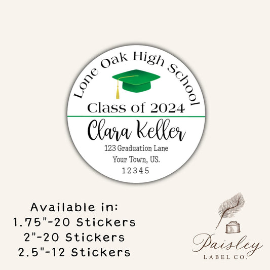 Class of 2024 Graduation Name of  High School Collage Cap Graduation Announcement Personalized Round  Return Address Labels Stickers 3 Sizes