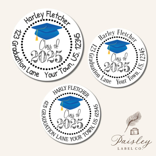 Class of 2025 Graduation High School Collage Cap Graduation Announcement Personalized Round Return Address Labels Stickers 4 Sizes