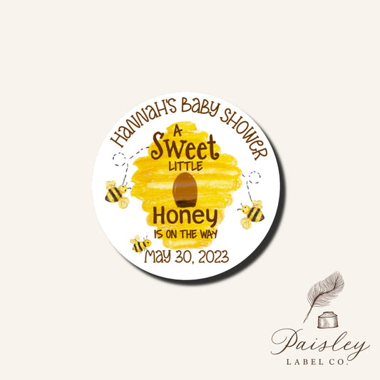 A Sweet Little Honey Is On The Way Bee Hive  Honey Baby Shower Personalized Round 2.5 Inch Party Favor Gift Tag Sticker Label