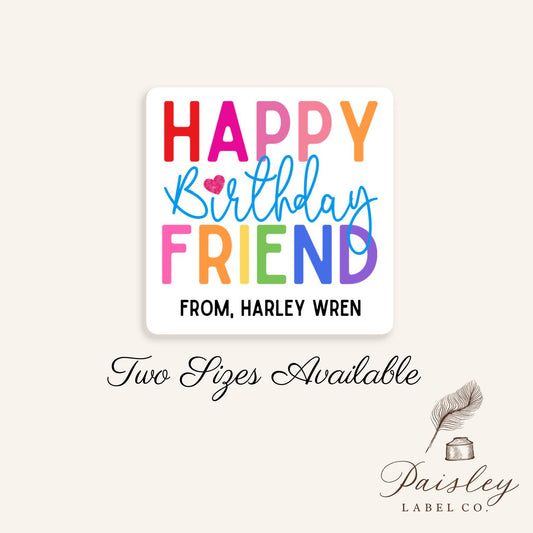 Happy Birthday Bright Colorful Heart Square Friend Sticker Birthday Party Gift Tag Labels Kids Gift Name Sticker Personalized Multiple Sizes